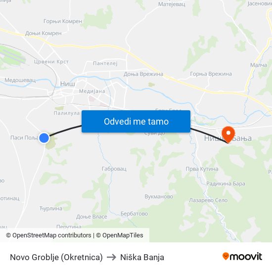 Novo Groblje (Okretnica) to Niška Banja map