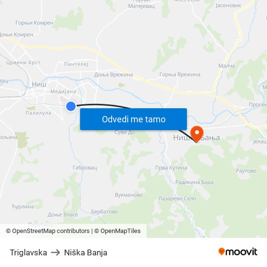 Triglavska to Niška Banja map