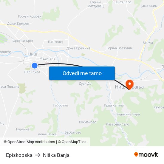 Episkopska to Niška Banja map