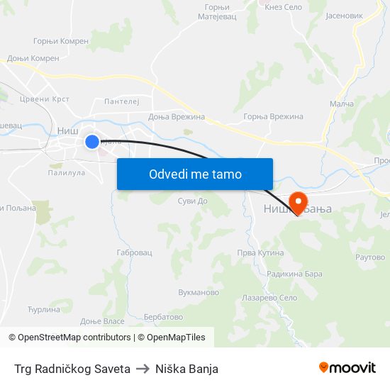 Trg Radničkog Saveta to Niška Banja map