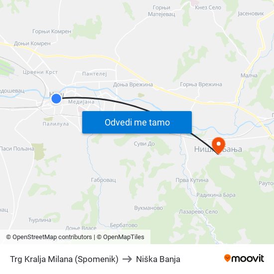 Trg Kralja Milana (Spomenik) to Niška Banja map