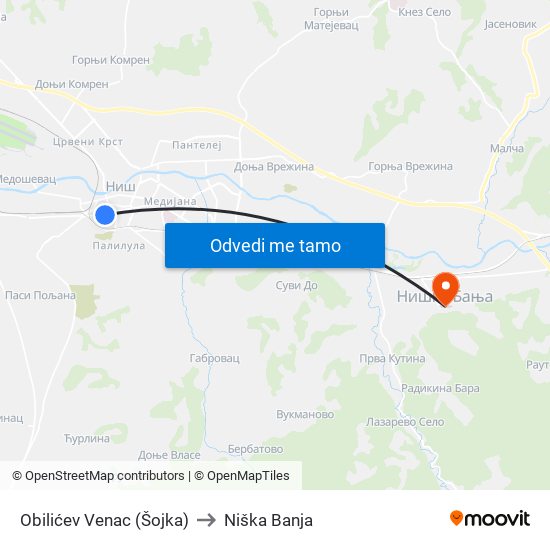 Obilićev Venac (Šojka) to Niška Banja map