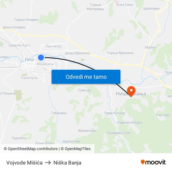 Vojvode Mišića to Niška Banja map