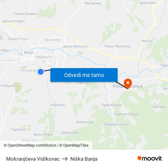 Mokranjčeva Vidikovac to Niška Banja map