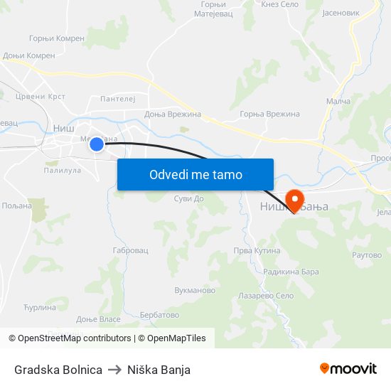 Gradska Bolnica to Niška Banja map