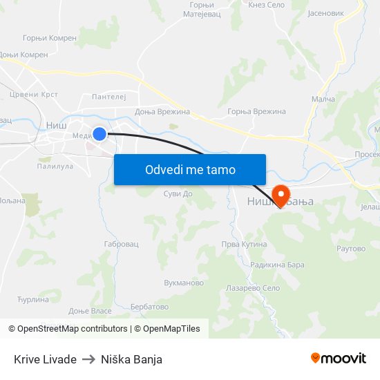 Krive Livade to Niška Banja map