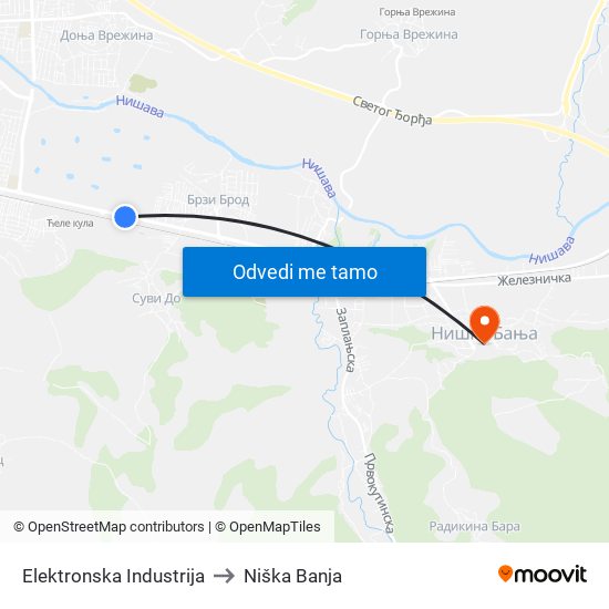 Elektronska Industrija to Niška Banja map