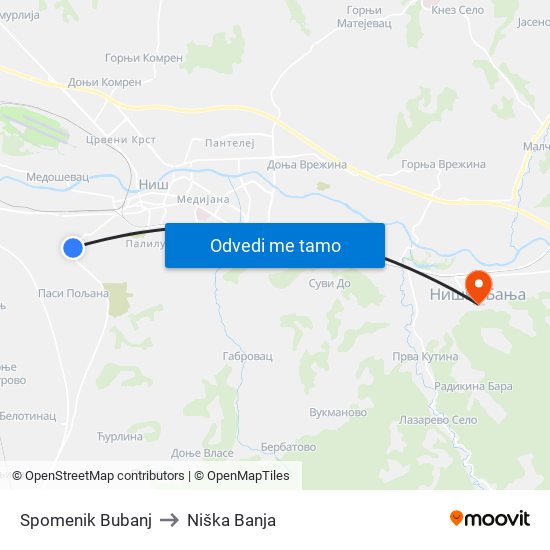 Spomenik Bubanj to Niška Banja map