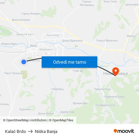 Kalač Brdo to Niška Banja map