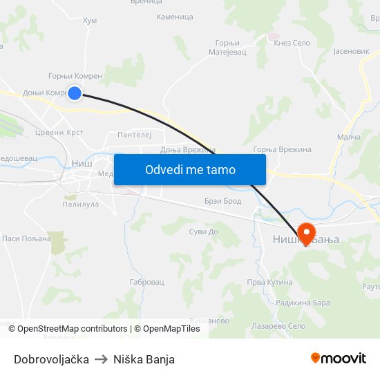 Dobrovoljačka to Niška Banja map