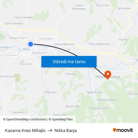 Kasarna Knez Mihajlo to Niška Banja map