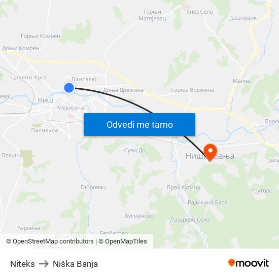 Niteks to Niška Banja map