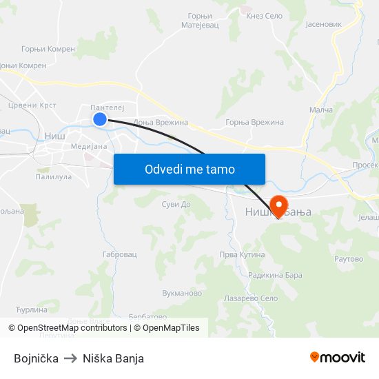 Bojnička to Niška Banja map