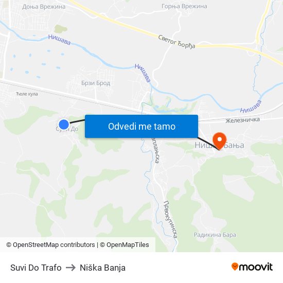 Suvi Do Trafo to Niška Banja map