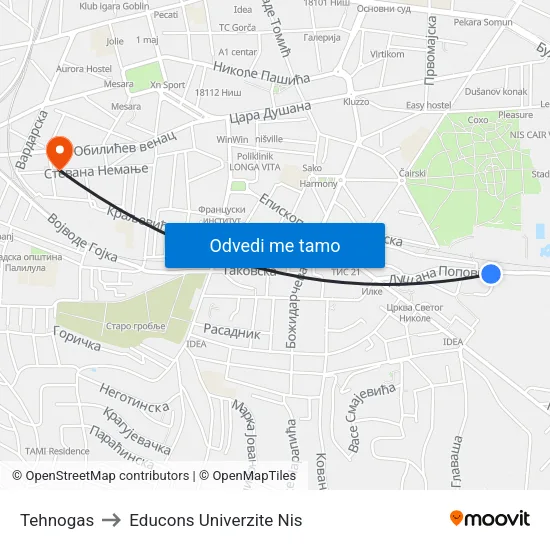 Tehnogas to Educons Univerzite Nis map