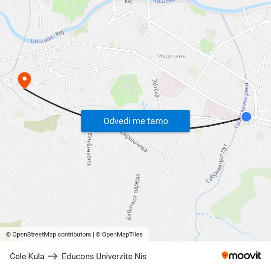 Ćele Kula to Educons Univerzite Nis map