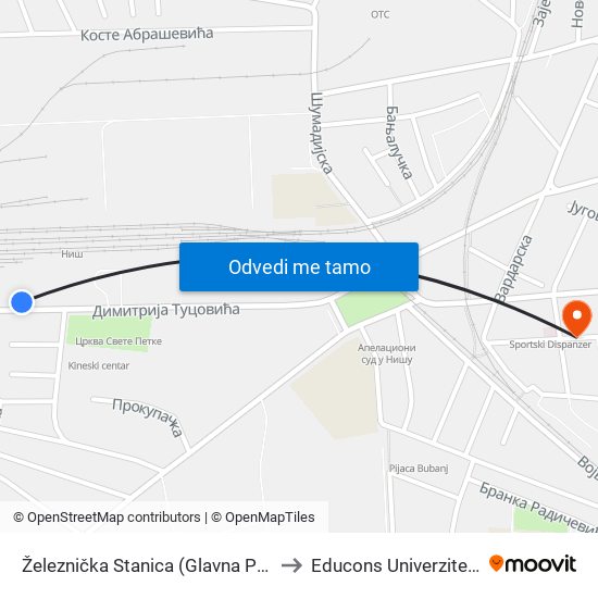 Železnička Stanica (Glavna Pošta) to Educons Univerzite Nis map