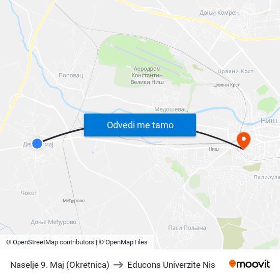 Naselje 9. Maj (Okretnica) to Educons Univerzite Nis map