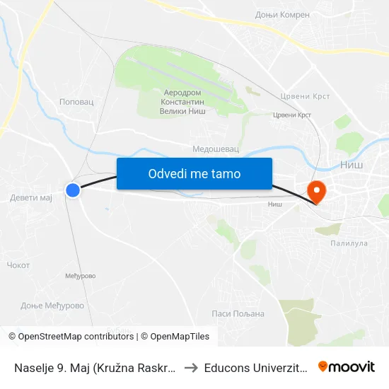 Naselje 9. Maj (Kružna Raskrsnica) to Educons Univerzite Nis map