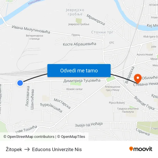 Žitopek to Educons Univerzite Nis map