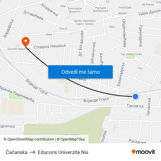 Čačanska to Educons Univerzite Nis map