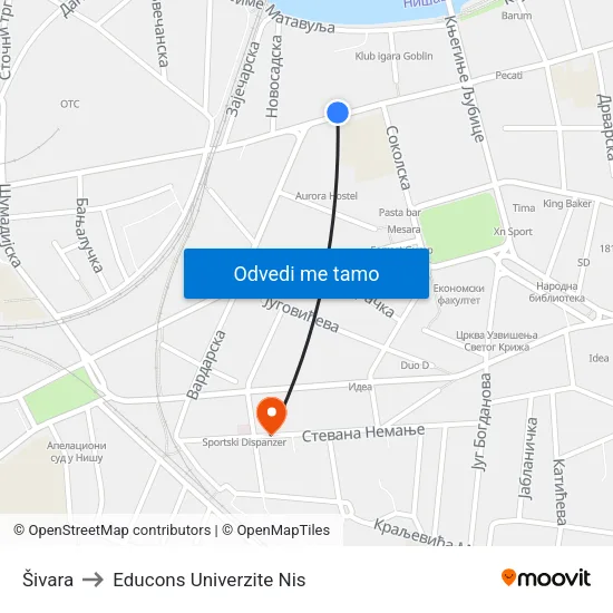 Šivara to Educons Univerzite Nis map