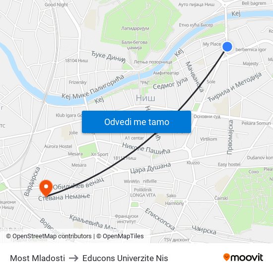 Most Mladosti to Educons Univerzite Nis map