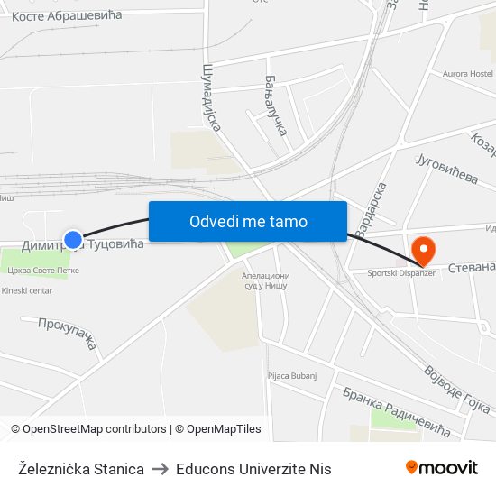 Železnička Stanica to Educons Univerzite Nis map