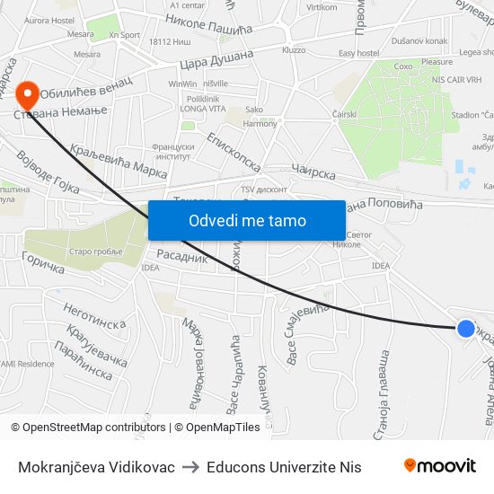 Mokranjčeva Vidikovac to Educons Univerzite Nis map