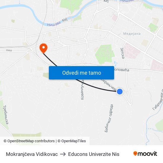 Mokranjčeva Vidikovac to Educons Univerzite Nis map