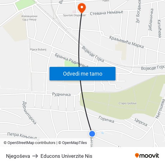 Njegoševa to Educons Univerzite Nis map