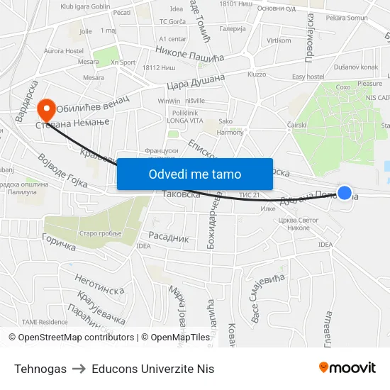 Tehnogas to Educons Univerzite Nis map