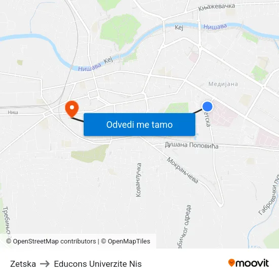 Zetska to Educons Univerzite Nis map