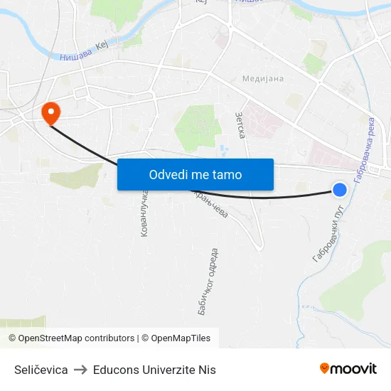 Seličevica to Educons Univerzite Nis map