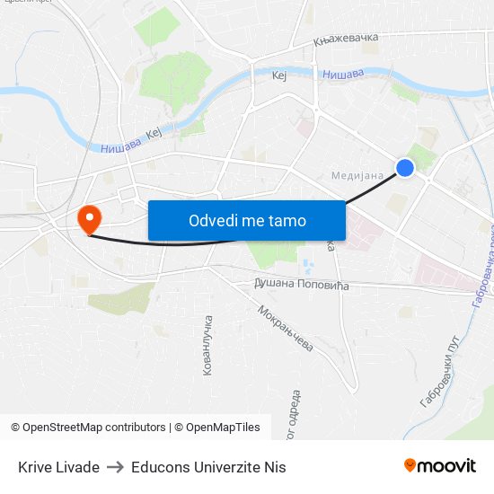 Krive Livade to Educons Univerzite Nis map