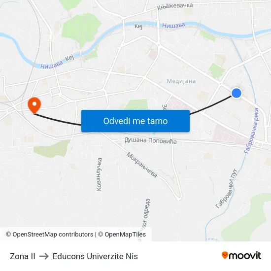 Zona II to Educons Univerzite Nis map