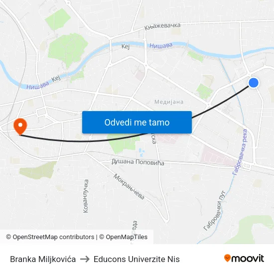 Branka Miljkovića to Educons Univerzite Nis map