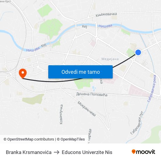 Branka Krsmanovića to Educons Univerzite Nis map