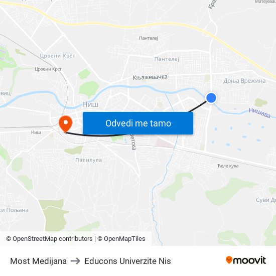 Most Medijana to Educons Univerzite Nis map