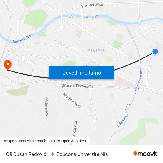 Oš Dušan Radović to Educons Univerzite Nis map