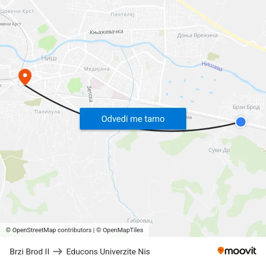 Brzi Brod II to Educons Univerzite Nis map