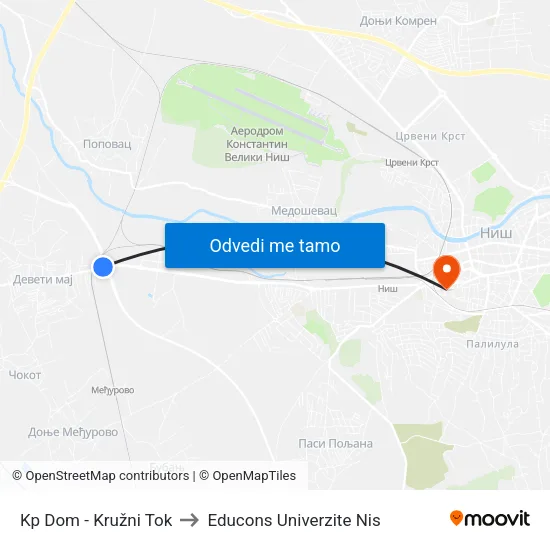 Kp Dom - Kružni Tok to Educons Univerzite Nis map