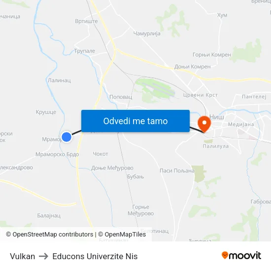 Vulkan to Educons Univerzite Nis map