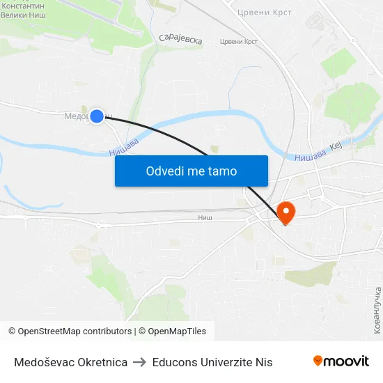 Medoševac Okretnica to Educons Univerzite Nis map