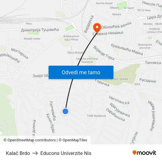 Kalač Brdo to Educons Univerzite Nis map