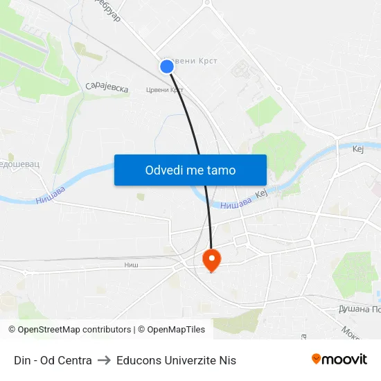 Din - Od Centra to Educons Univerzite Nis map