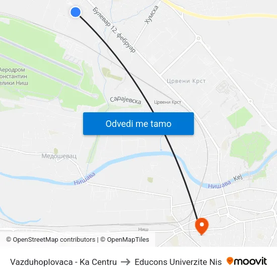 Vazduhoplovaca - Ka Centru to Educons Univerzite Nis map