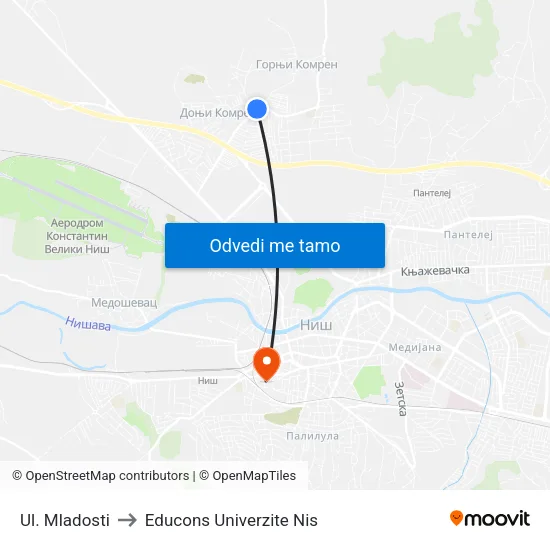 Ul. Mladosti to Educons Univerzite Nis map