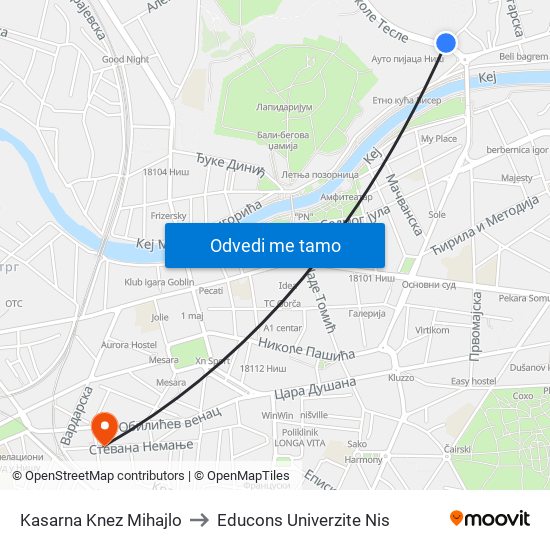 Kasarna Knez Mihajlo to Educons Univerzite Nis map