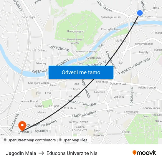 Jagodin Mala to Educons Univerzite Nis map